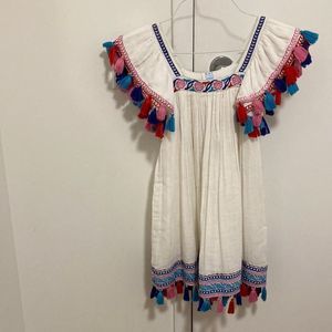 Mer St Barth Girls Serena Embroidered Crepe Dress with Tassel Trim. Size 10.